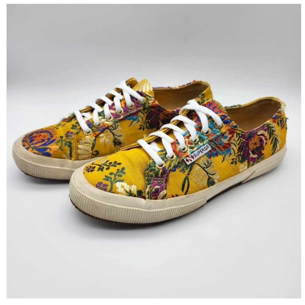 Superga Women's Floral Embroidery Mandarin Yellow Satin Sneakers